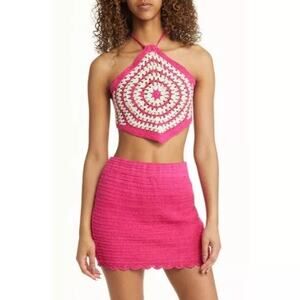 NEW BP. NORDSTROM Pink White Crochet Handkerchief Halter Top Size M